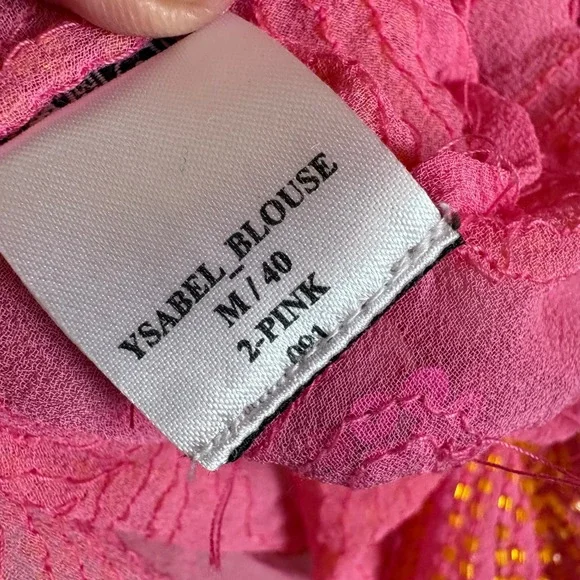 Antik Batik Pink Orange Beaded Silk Blouse 3/4 Sleeve Scalloped Hem Top Medium - Picture 9 of 13